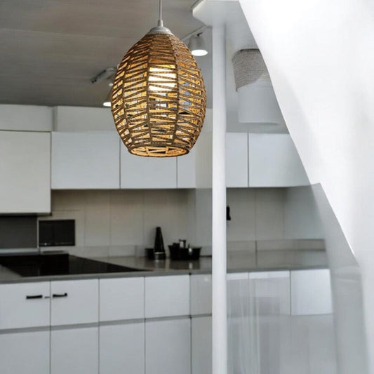 Abat Jour en Rotin Oval Suspension Beige